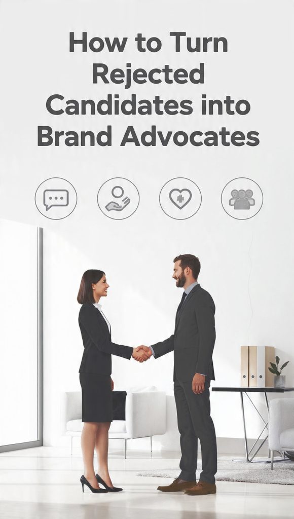 Turn Rejected Candidates Into Brand Advocates
A modern corporate illustration showing two professionals shaking hands in an office setting, symbolizing positive candidate experience and employer branding. The design includes icons representing communication, trust, advocacy, and community support beside the title “How to Turn Rejected Candidates Into Brand Advocates.”