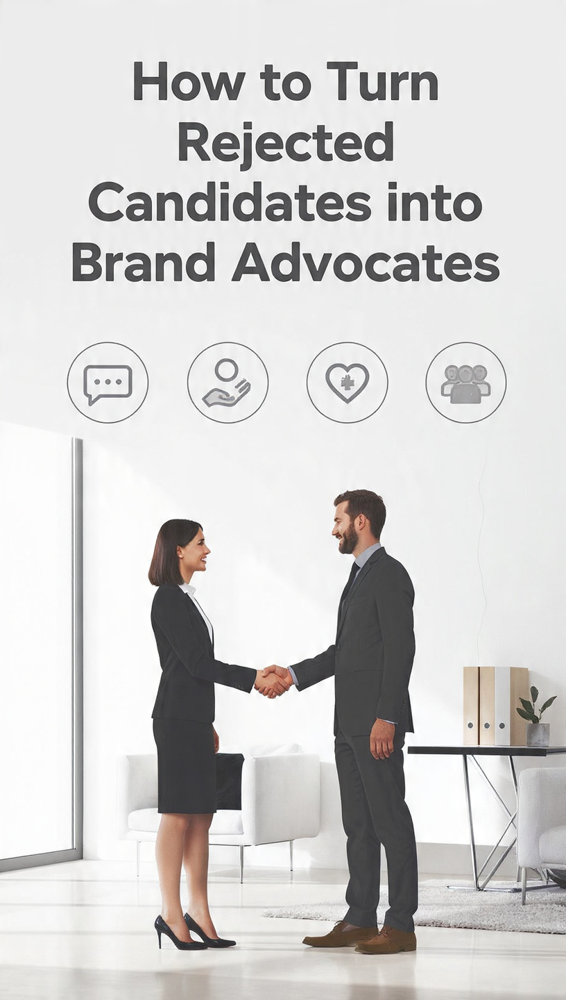 Turn Rejected Candidates Into Brand Advocates
A modern corporate illustration showing two professionals shaking hands in an office setting, symbolizing positive candidate experience and employer branding. The design includes icons representing communication, trust, advocacy, and community support beside the title “How to Turn Rejected Candidates Into Brand Advocates.”