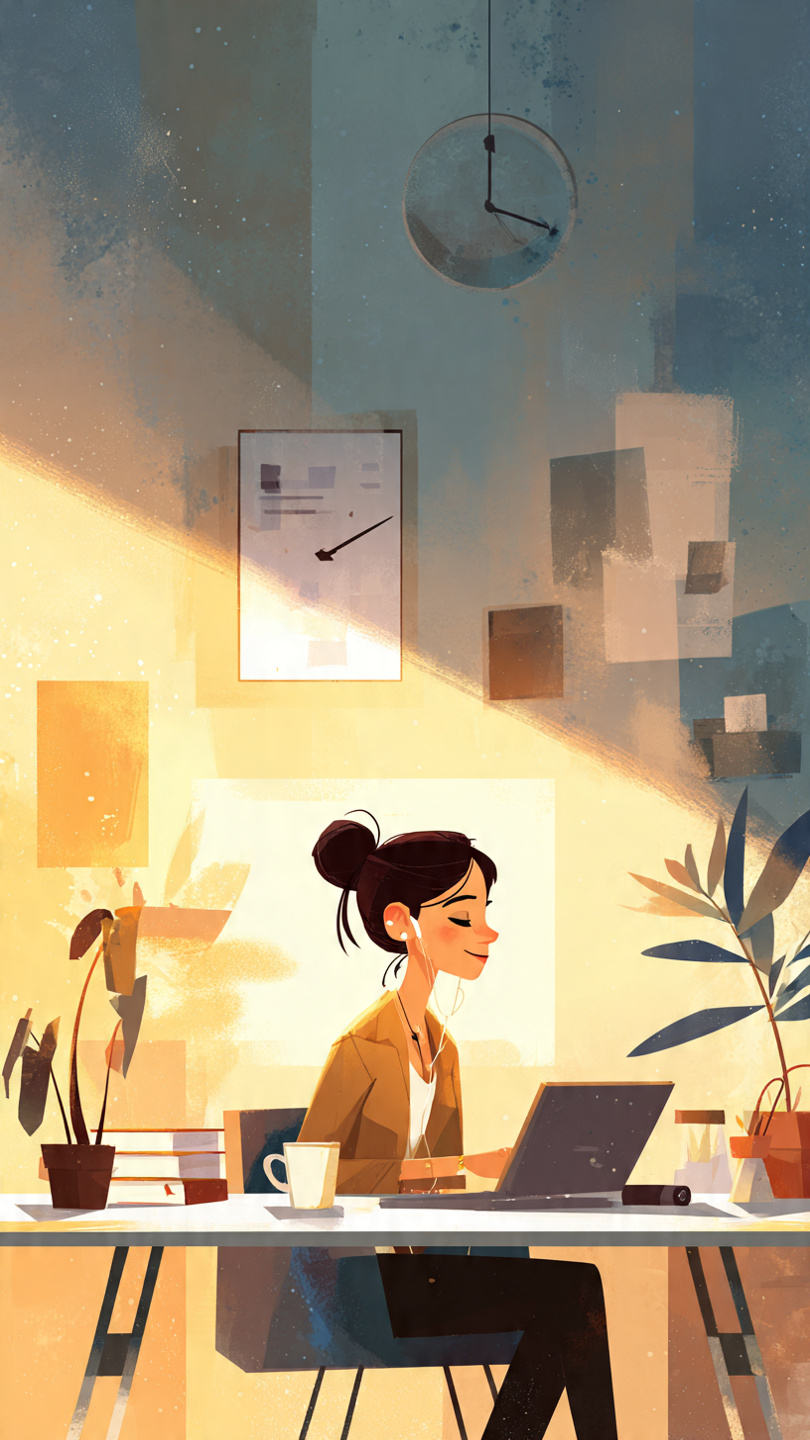 Side Hustles
Create an animated-style professional workspace illustration for a blog article titled “How to Set Boundaries So Side Hustles Don’t Harm Your Job.” Show a young professional working calmly at a clean desk with a laptop, coffee mug, notebook, soft warm lighting, and a balanced environment that visually represents work-life balance. Include subtle elements like a wall clock, calendar, headphones, indoor plants, and a second small screen symbolizing a side hustle, but avoid clutter. The character should look focused, organized, and stress-free. Use a modern aesthetic with smooth gradients, cinematic lighting, and soft shadows. Background should feel productive and motivating, with a cozy home-office atmosphere. Do not include any text, tips, quotes, or labels i…
