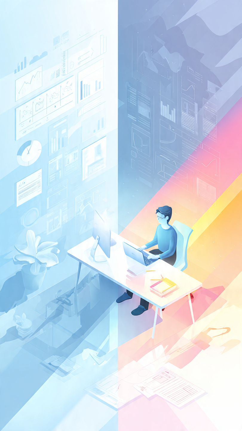 Test a Side Hustle
A modern, unique wide banner illustration (1600x778) showing the concept of balancing a full-time job and a side hustle. The scene is split subtly into two connected worlds: on the left side, a calm corporate office environment with a desk, laptop, calendar, and professional documents under cool daylight tones; on the right side, a creative freelance workspace with a laptop, sketches, digital creative tools, and warm ambient lighting. A single focused person sits in the center, visually bridging both sides, symbolizing balance, discipline, and growth. The composition should feel smooth, minimal, and inspiring with soft gradients blending both worlds. Semi-realistic modern digital art style with cinematic lighting. No text, no words, no logos, no labels, no tips, no watermark. Highly aesthetic, unique composition, professional quality, wide cinematic framing.