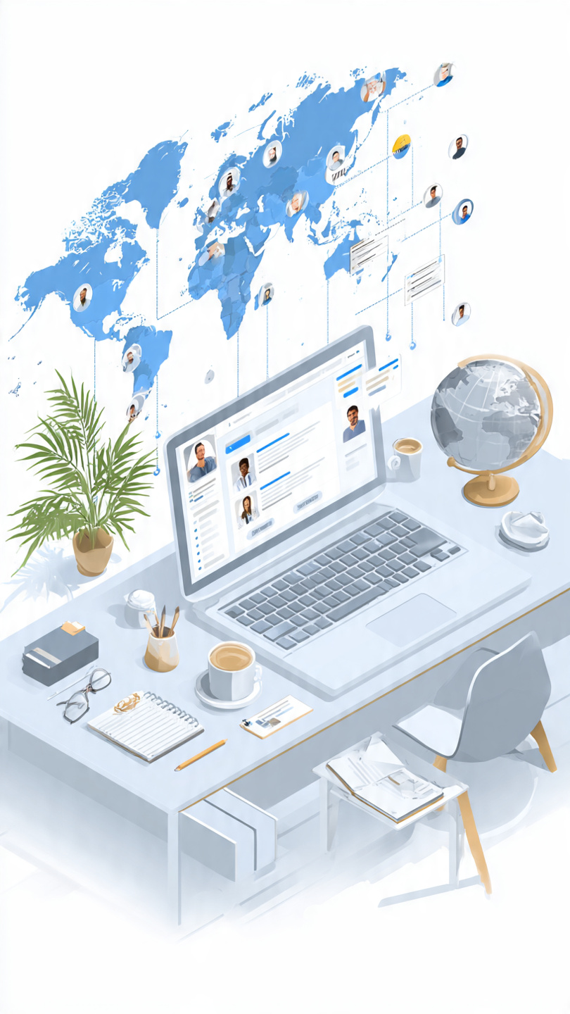 Network With Hiring Managers
A wide modern digital illustration showing a professional working at a desk on a laptop. On the laptop screen is a LinkedIn-style hiring interface with profiles and connection options. Above the desk, a world map connects multiple hiring manager avatars across different countries, symbolizing global online networking. The scene includes a clean workspace with small office items like a coffee mug, notebook, plant, and a globe, set in a modern office environment.