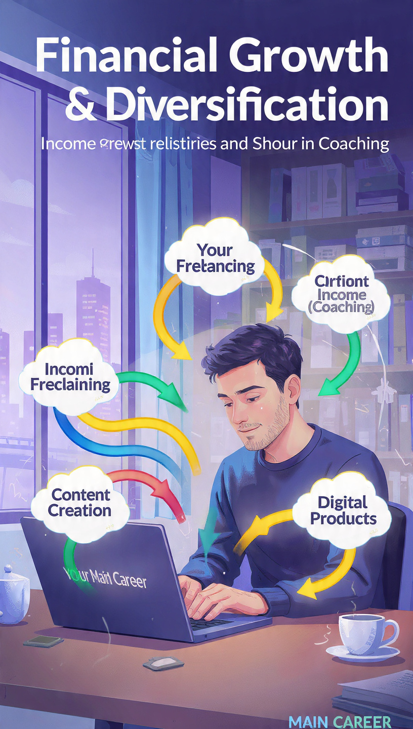 Multiple Income Streams
A wide, brightly lit digital illustration of a young person working at a desk with a laptop labeled “Your Main Career,” surrounded by colorful flowing arrows representing different income streams such as freelancing, online business, digital products, investments, content creation, and coaching. The background shows a modern workspace with a city skyline, books, a coffee mug, and soft ambient lighting. The design visually emphasizes financial growth and diversification without any instructional text or tips.