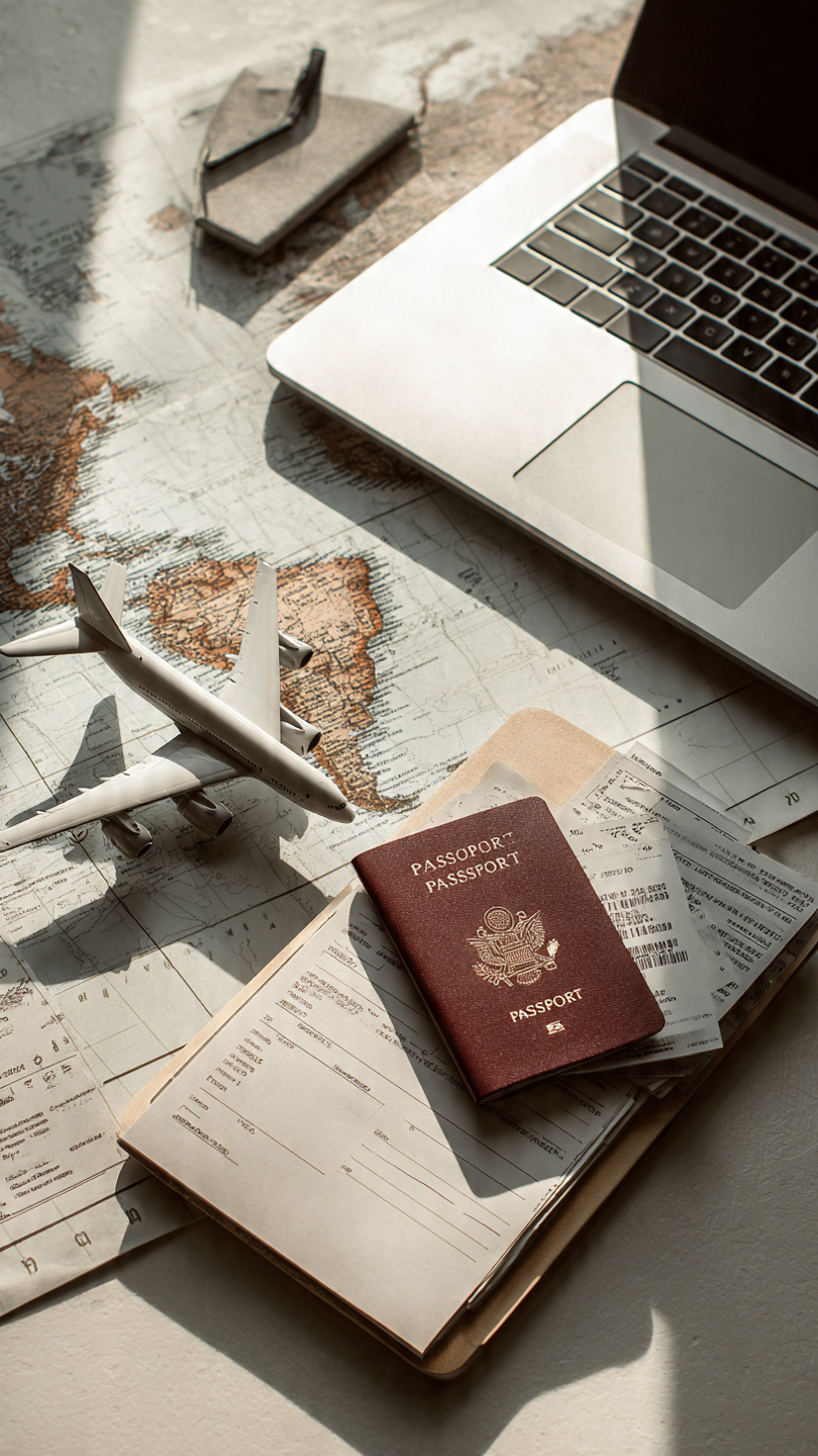 Professional flat-lay workspace featuring a world map background, laptop, passport, boarding passes, airplane model, notebook, and job application clipboard symbolizing preparation for international jobs and global career opportunities.