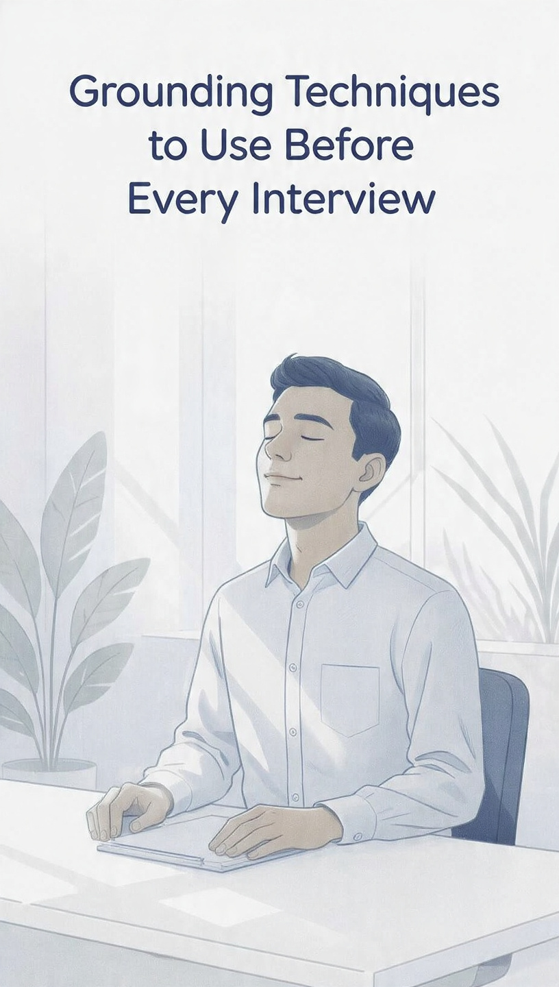 Grounding Techniques
A calm young man sits at a desk with his eyes closed, practicing deep breathing in a peaceful office environment. The image includes the title “Grounding Techniques to Use Before Every Interview” with a soft blue and white background, indoor plants, natural sunlight, and a minimal workspace that creates a relaxed and focused atmosphere.