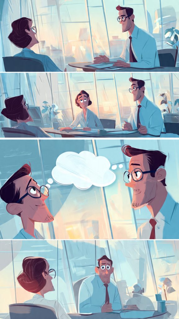 Interview Stories
Animated illustration of a job interview where a confident candidate shares a story with an interviewer in a modern office. A thought bubble shows the candidate’s journey from confusion to success, representing how storytelling can turn boring interview Grounding Techniques
answers into memorable ones.