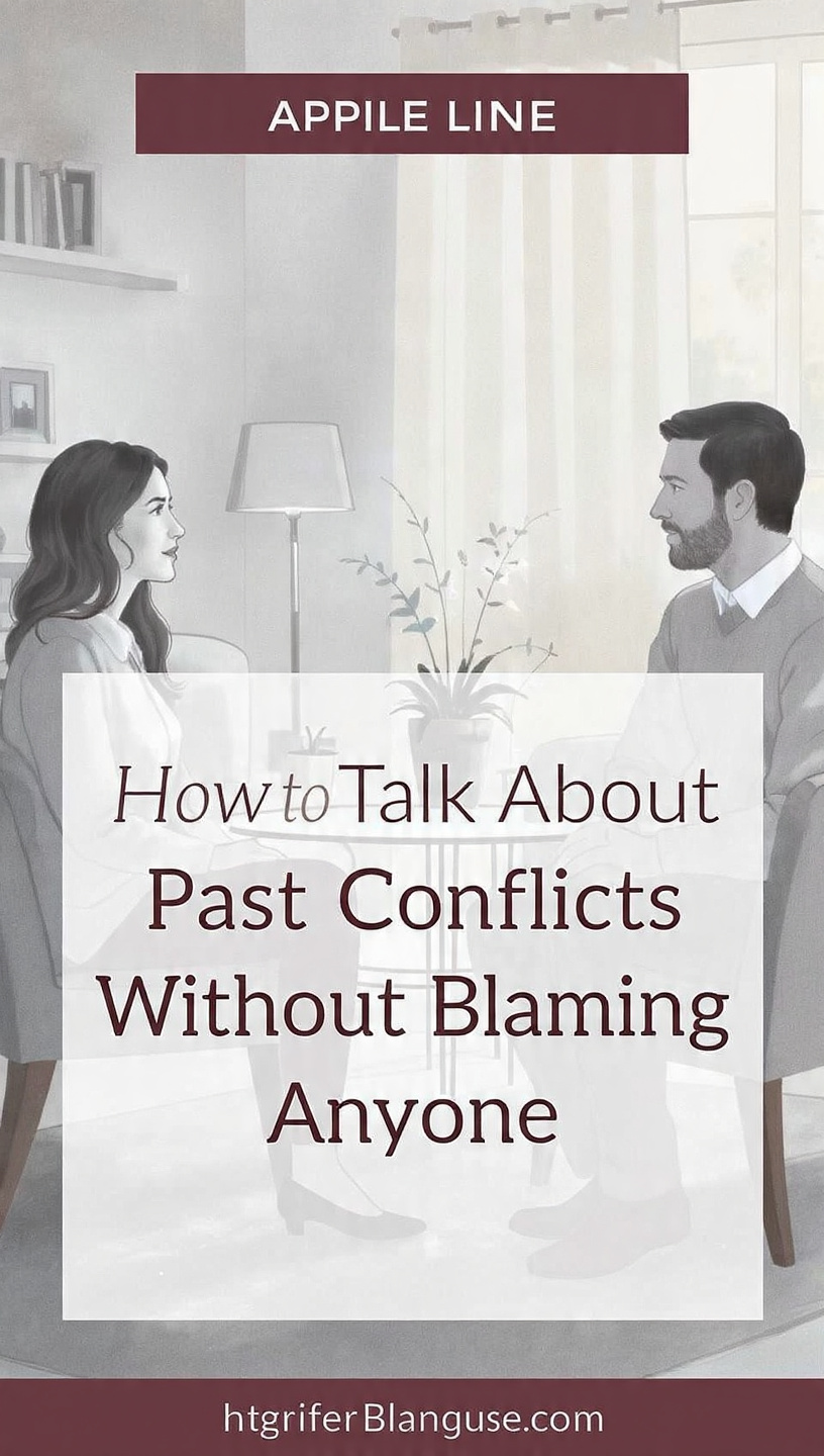 A calm indoor scene showing a woman and a man sitting across from each other and having a respectful conversation in a modern living room. Soft lighting, neutral colors, and minimal decor create a peaceful atmosphere. Large text in the center reads “How to Talk About Past Conflicts Without Blaming Anyone.”