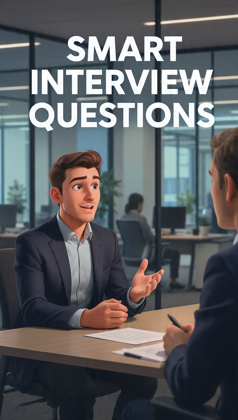 Smart Questions
Animated illustration of a professional job interview where a candidate is asking thoughtful questions to the interviewer in a modern office setting, with bold headline text about smart interview questions.