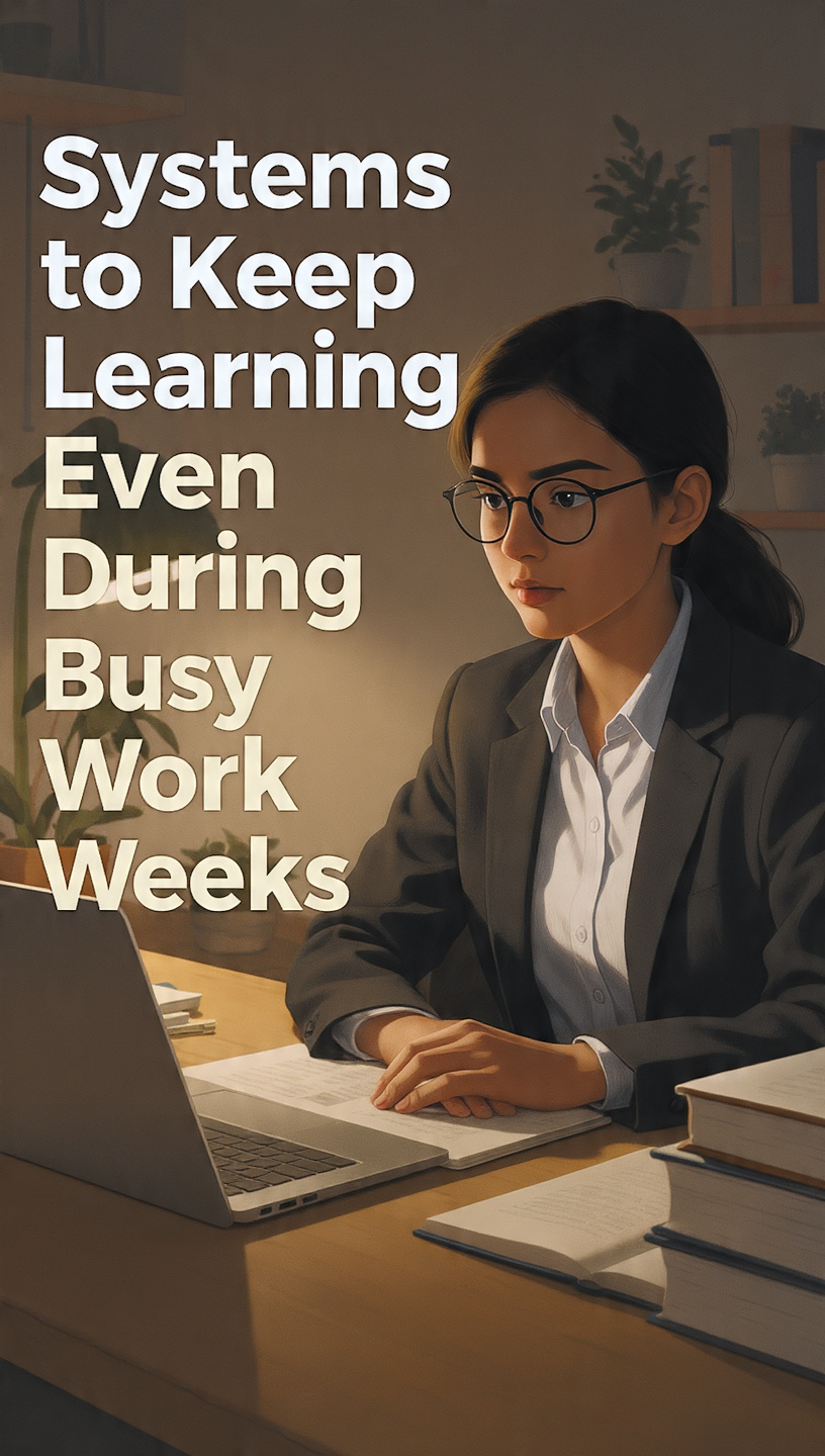 Systems to Keep LearningA focused young professional wearing glasses works at a desk with a laptop, notebook, and books in a modern workspace. Large bold text on the left reads “Systems to Keep Learning Even During Busy Work Weeks.” The scene has warm lighting, plants, and a productive study atmosphere.