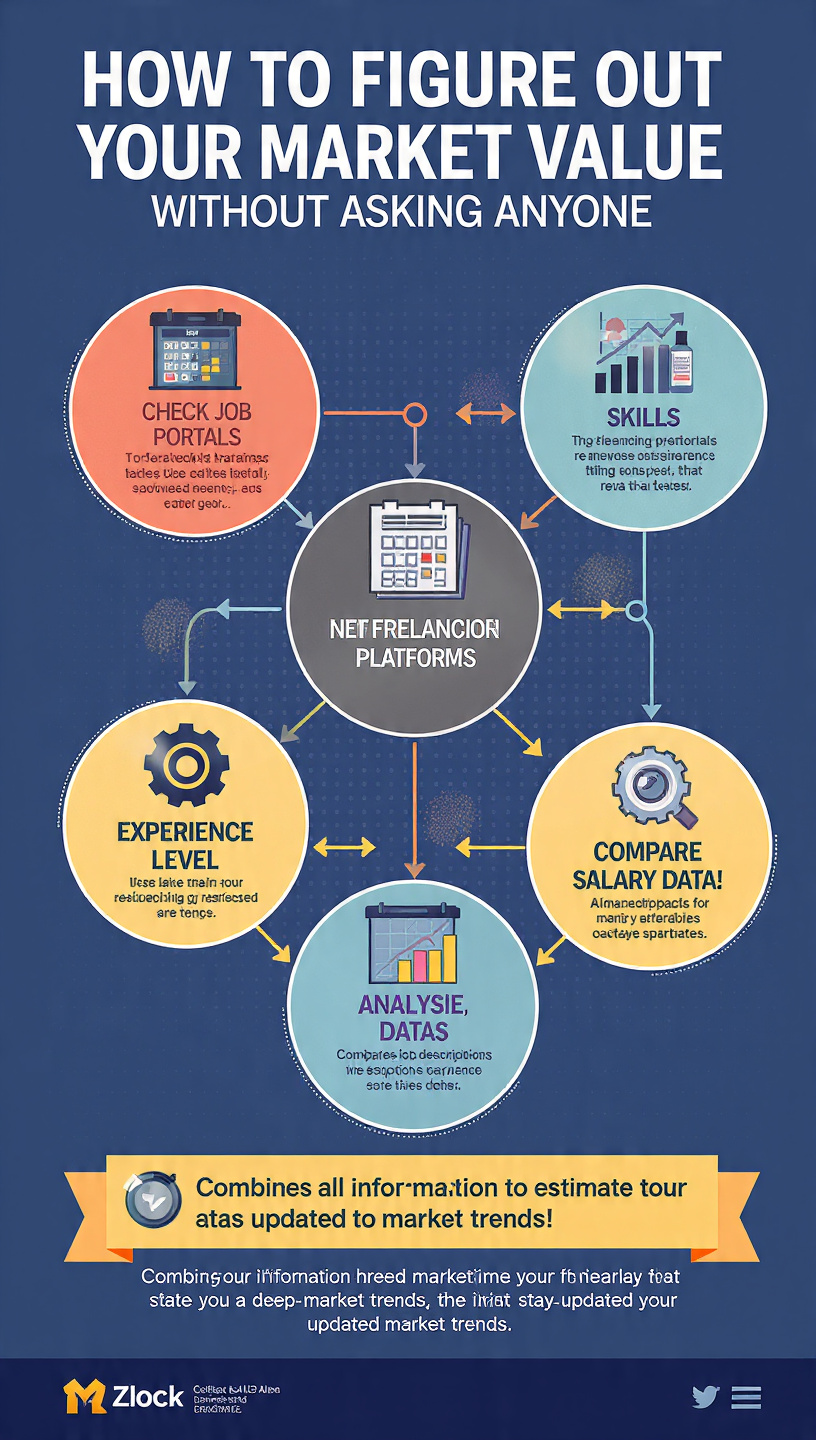 Market Value
An infographic titled “How to Figure Out Your Market Value Without Asking Anyone” showing a step-by-step visual flow. It includes six circular sections connected in sequence. Each step represents a method: checking job portals, analyzing skills, reviewing freelancing platforms, considering experience level, analyzing job descriptions, and comparing salary data. A concluding banner at the bottom emphasizes combining all information to estimate market value and stay updated with market trends.