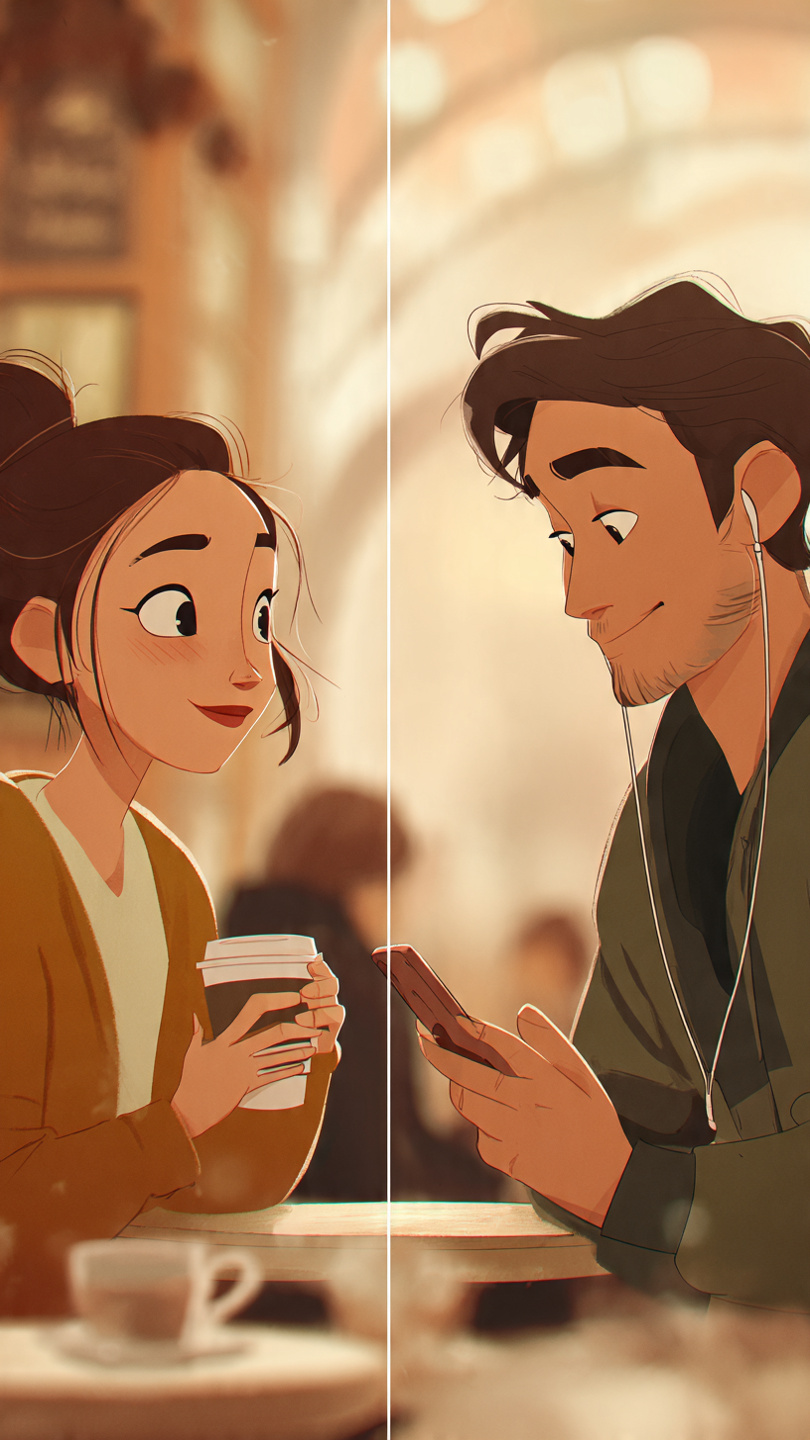Stay in Touch
Animated and realistic mixed-style image of two young people smiling while using their phones in a warm cafe setting. One side features a stylized animated girl with a coffee cup, while the other side shows a realistic young man wearing earphones. The cozy atmosphere, soft lighting, and relaxed expressions represent comfortable and respectful communication.