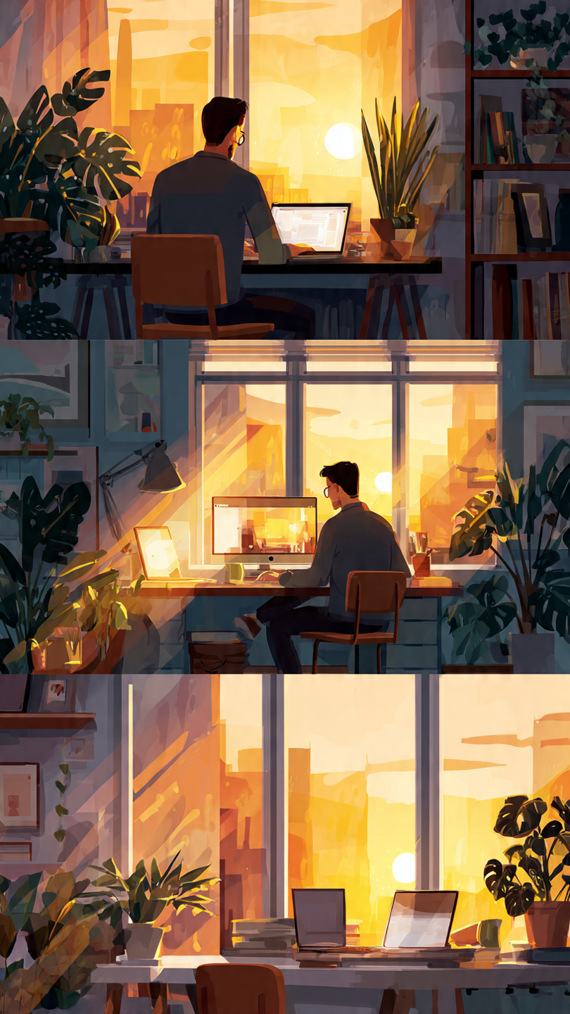 Productivity Lessons
Animated illustration of a remote professional working from a modern home office during sunset, featuring a video meeting setup, warm lighting, indoor plants, and a calm productive atmosphere.
