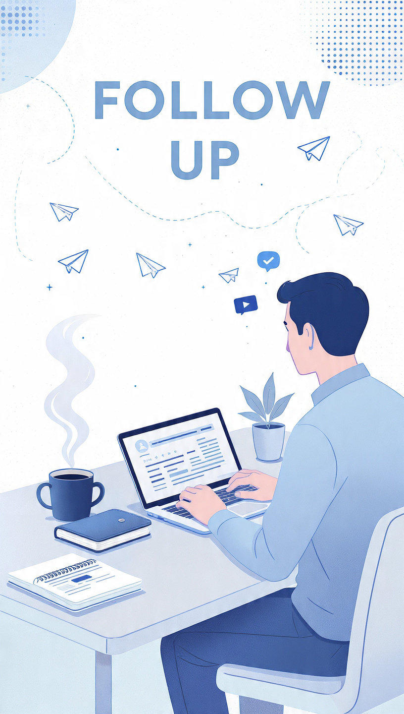 Follow Up
A professional illustrated banner showing a person typing a follow-up email on a laptop at a desk with coffee and notebook nearby. The design uses calm blue tones with communication icons, paper airplane graphics, and bold “FOLLOW UP” text to represent professional networking and respectful communication.