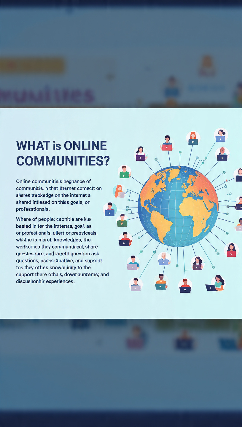 Turn Online Communities Into Real Career Opportunities
Wide horizontal infographic explaining “What is Online Communities?” showing a central globe connected with digital network lines and multiple illustrated people using laptops and smartphones. The image represents global online interaction, communication, and collaboration. On the left side, large heading text defines online communities as groups of people who connect on the internet based on shared interests, goals, or professions, where they communicate, share knowledge, ask questions, and support each other through discussions and experiences.