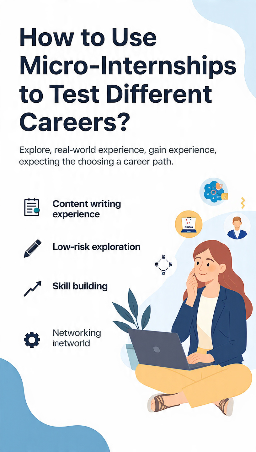 Micro-Internships
A clean, modern infographic-style banner about micro-internships and career exploration. The left side shows the title “How to Use Micro-Internships to Test Different Careers” with a short description about exploring, gaining experience, and choosing a career path. Below it are icons representing real-world experience, low-risk exploration, skill building, and networking opportunities. The right side shows a young woman sitting with a laptop, thinking thoughtfully, surrounded by circular icons representing different career fields like content writing, digital marketing, graphic design, data analysis, social media management, and virtual assistance. The overall design is bright, professional, and career-focused.
