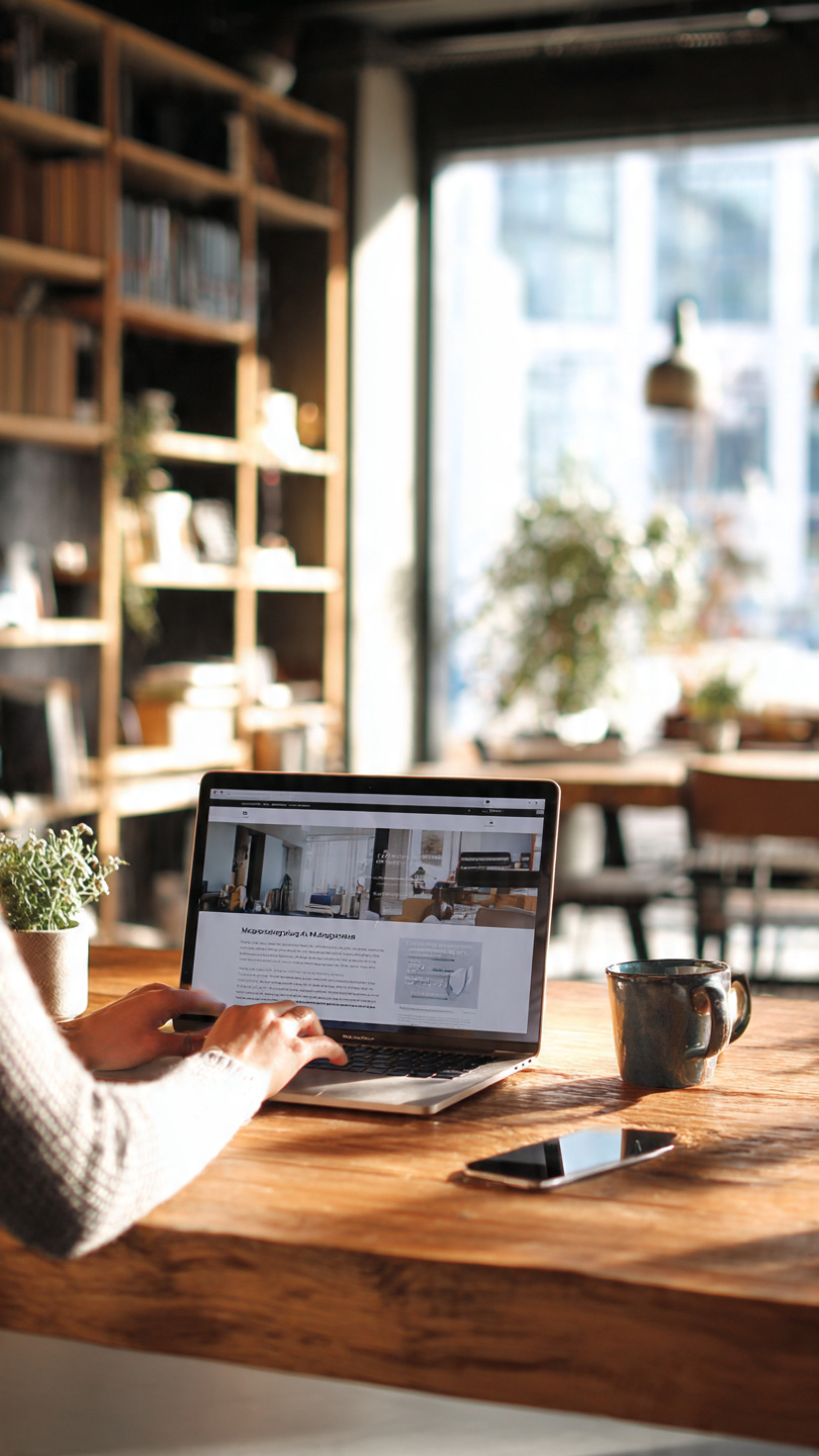 Job Descriptions
A realistic modern office scene showing a woman working on a laptop at a wooden desk. The laptop screen displays a job description page for a Marketing Manager role. The workspace includes a coffee mug, a small potted plant, and a smartphone placed nearby. The background shows a bright, softly blurred office interior with shelves, books, and natural daylight coming through a large window, creating a calm and professional work environment
