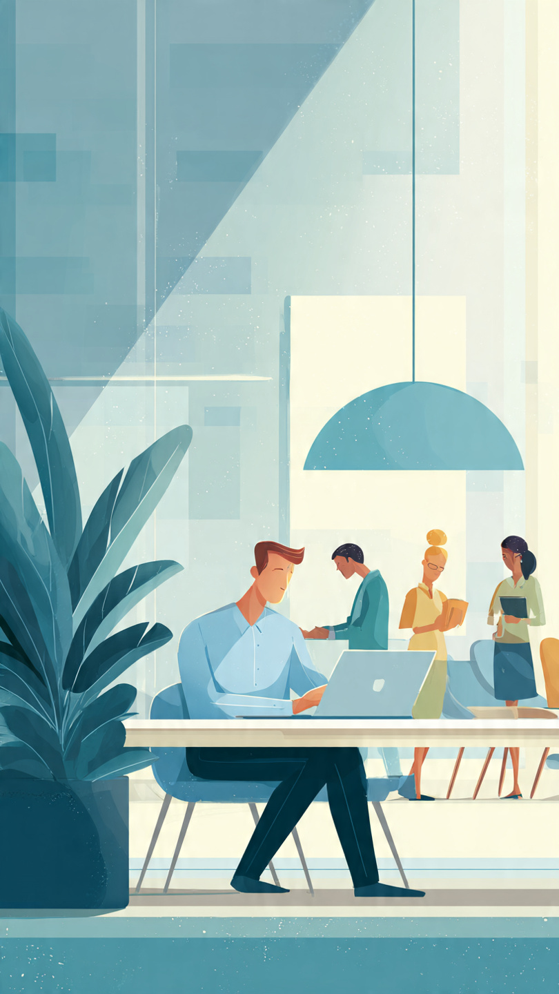 create image Animated illustration of a quiet, focused employee working on a laptop in a modern office while coworkers collaborate in the background, representing support for high-performing introverted employees in the workplace.