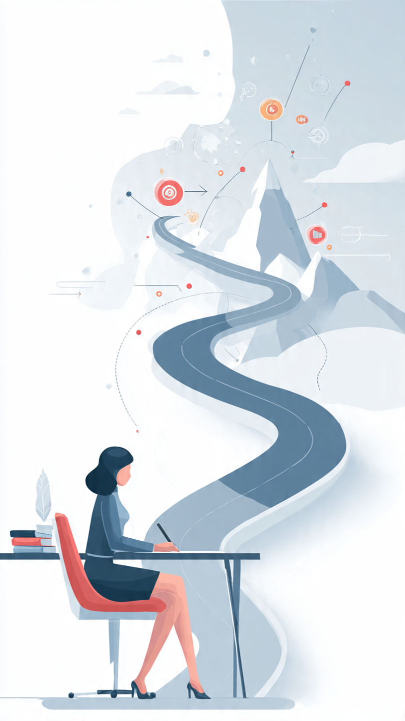 Growth Roadmaps
A modern corporate presentation slide about employee growth and career development. On the left, large bold text reads “How to Help Employees Create Their Own Growth Roadmaps” with a short subtitle about empowering employees to take charge of their growth. On the right, a professional woman is seated at a desk writing in a notebook, looking thoughtful. Behind her is a stylized visual of a winding road representing a career path, leading upward toward a mountain peak with milestone icons such as learning, achievement, and goals. The background is clean, minimal, and light, giving a professional and motivational tone.