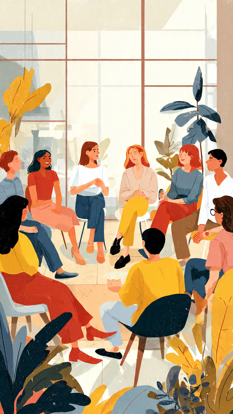 A clean, modern vector illustration of a collaborative office meeting in progress, showing a diverse group of professionals seated in a circle and engaged in active discussion. The setting is a bright, contemporary workspace with large windows, indoor plants, and soft natural lighting. The scene conveys teamwork, open communication, and a positive workplace environment, with characters expressing attentive and thoughtful engagement.