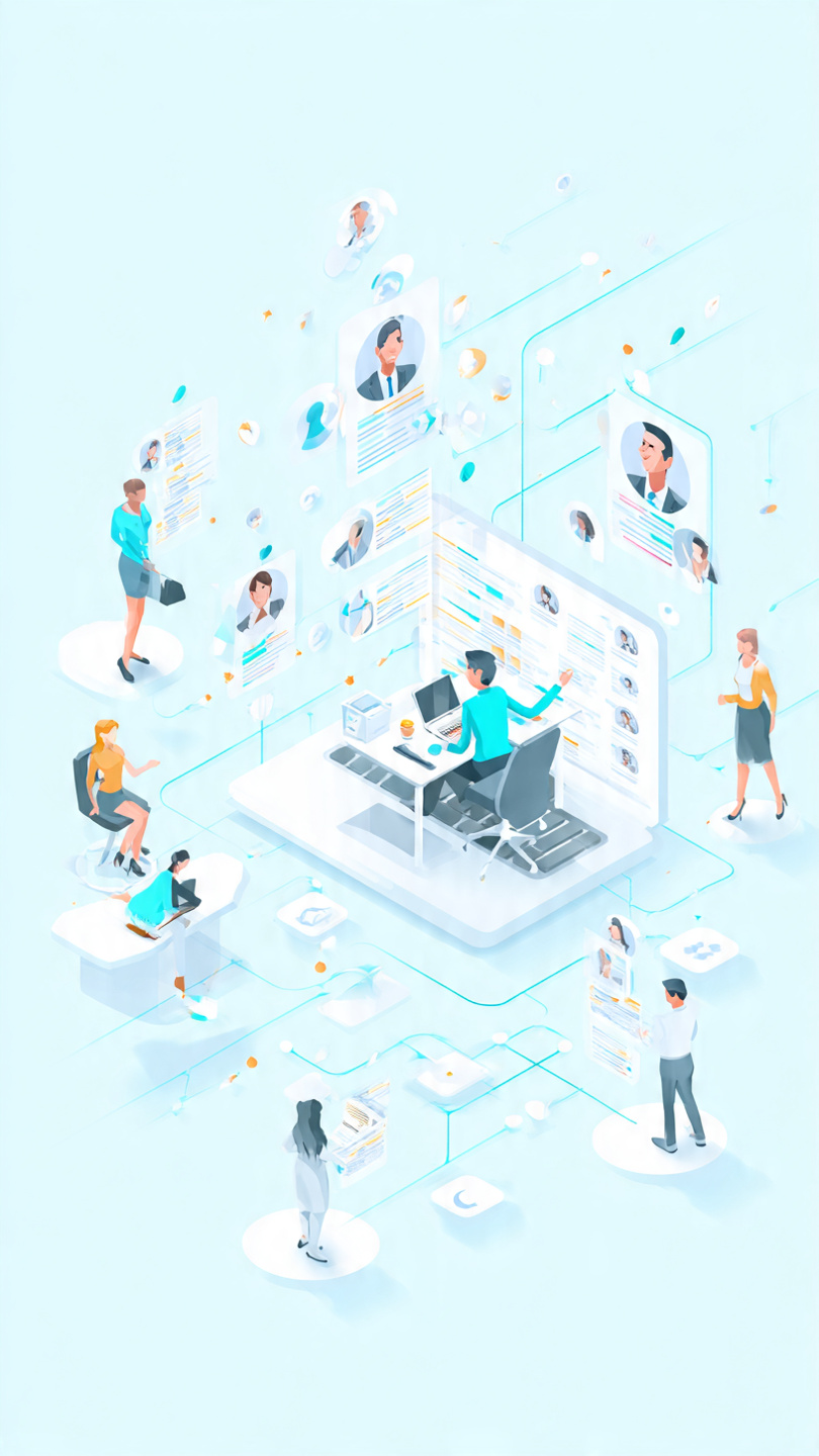 Talent Pools
A modern flat-style illustration of a recruiter building a talent pool instead of starting from zero. Show a central recruiter working on a laptop with a structured digital talent database floating on the screen. Around the recruiter, show connected profile cards of candidates organized into categories like skills, experience, and roles. Include subtle networking lines connecting people icons in the background, symbolizing long-term relationships. The scene should feel professional, clean, and tech-driven, with soft blue and white corporate tones. Add a sense of efficiency, organization, and future-ready hiring. Wide banner composition, minimal clutter, high clarity, modern HR tech aesthetic, 1600x778 aspect ratio.