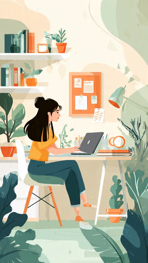 Habit Stacking
A young person sitting at a modern desk working on a laptop for job search, surrounded by a clean, bright workspace with plants, books, and a coffee mug. The scene includes motivational visual elements like a “Dream Job” target board and organized study materials, with a soft, minimal, flat illustration style and a calm, focused atmosphere.