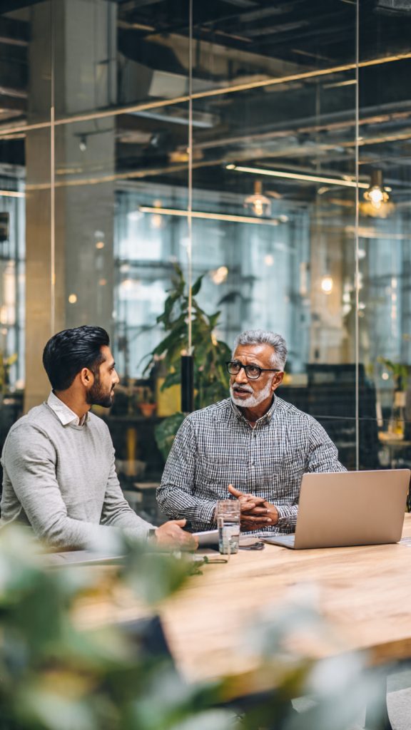 Learn From Seniors
Alt text: A realistic office scene showing two South Asian men sitting across from each other at a desk in a modern workspace. The younger man listens attentively while the older man, wearing glasses, gestures as he explains something. A laptop is open on the desk, and the background shows a blurred office with glass walls and indoor plants.