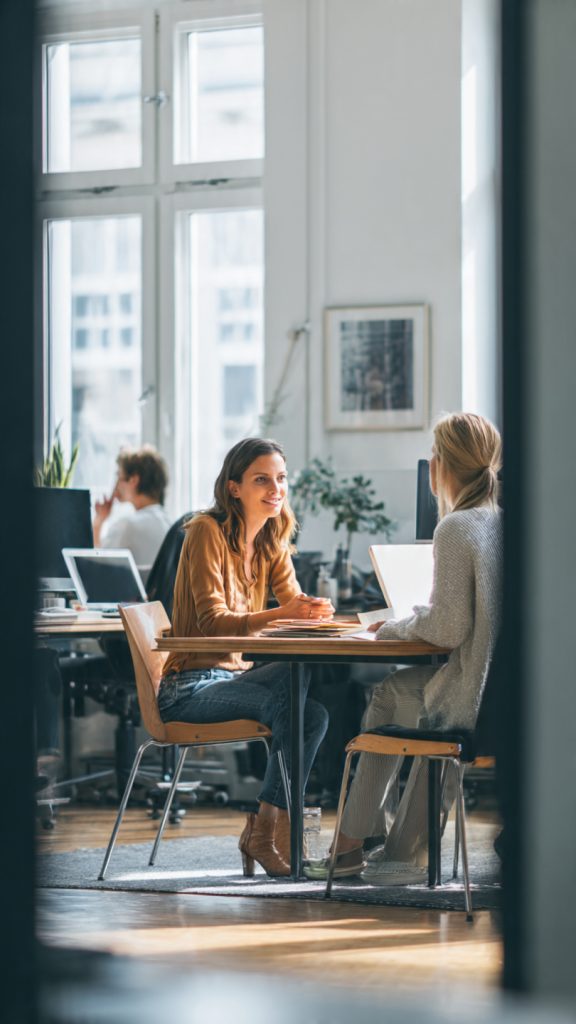 Ask for More Responsibility
A modern professional office setting showing a calm one-on-one discussion about work responsibilities. Two people are seated across a clean desk: a young employee and a manager engaged in a respectful conversation. A third colleague is subtly present in the background working quietly near a whiteboard or desk, not interacting directly. The atmosphere is positive, professional, and collaborative, suggesting growth and workplace learning. Minimalist office interior with natural daylight, laptops, notebooks, and neat workspace. Focus on communication, confidence, and career development. Cinematic realistic photography style, soft natural colors, sha…