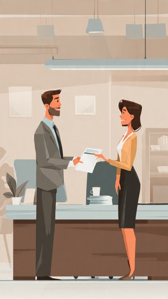 Exit Your First Job
“A professional office scene showing a young employee handing over resignation documents respectfully to a manager across a desk. Both are calm and professional, with a positive and neutral atmosphere. The background shows a modern workplace with soft lighting. The focus is on respectful communication and smooth career transition. Minimal clutter, corporate style, realistic illustration, 16:9 composition (1600x778), soft color palette, no text in image.”
