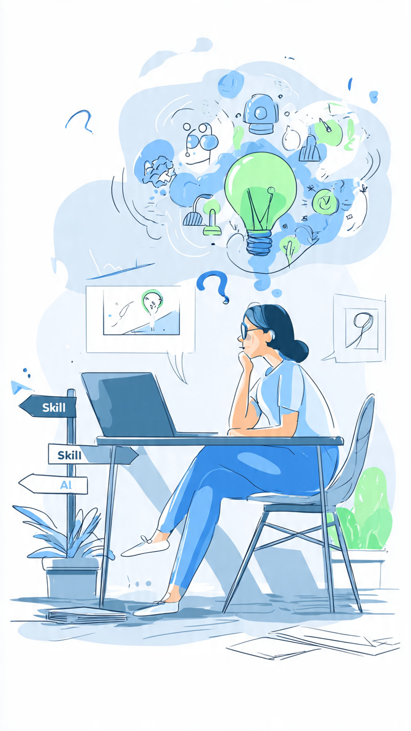 Decide Which Skill to Learn
**Image Prompt: “How to Decide Which Skill to Learn Next (Conclusion)”**
Create a modern, minimal, and professional illustration for a career guidance theme.
**Scene:**
A thoughtful young professional sitting at a desk, looking at a laptop screen showing multiple skill icons (writing, coding, marketing, analytics). In front of them is a forked road sign labeled “Skill A” and “Skill B”, symbolizing decision-making.
**Style:**
Clean flat design or soft 3D illustration, modern startup aesthetic, calm and motivational tone.
**Color Palette:**
Soft blues, whites, and light gradients with subtle accent colors (green for growth, blue for clarity).
**Mood:**
Focused, clear, and confident decision-making.
**Elements:**
* Laptop with icons of skills floating above it
* Lightbulb symbol (idea/clarity)
* Road split or decision path
* Subtle upward arrow (career growth)
* Minimal background, uncluttered
**Text Overlay (optional):**
“Choose the Right Skill, Not Just Any Skill”
**Aspect Ratio:**
16:9 (YouTube thumbnail style) or 1600x900
**Overall Feel:**
Professional, inspiring, and career-growth oriented.