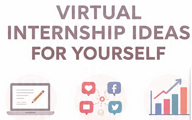 Virtual Internship
Create a modern, minimalistic infographic illustration titled “Virtual Internship Ideas You Can Create for Yourself”. Use a clean white background with soft pastel color accents. Design a 10-panel grid layout with simple flat-style vector graphics. Each panel should show abstract visuals representing different internship ideas such as writing on a laptop, social media icons, marketing charts, UI wireframes, research books, startup rocket, email envelope, SEO magnifying glass, freelancing work setup, and personal branding profile. Include only visuals and the main title at the top. No additional text, no tips, no descriptions, no labels inside panels. Keep the design professional, balanced, and visually appealing for LinkedIn-style content. Use soft shadows, rounded shapes, and consistent icon style. Image size 1600x778.