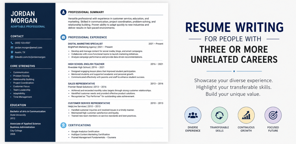 Resume Writing
Professional banner showing a large resume layout for a person with experience in multiple careers. The design highlights a clean resume with sections for professional summary, work experience, skills, education, and certifications. The banner focuses on resume writing for people with three or more unrelated careers, emphasizing diverse experience, transferable skills, continuous growth, and career development.