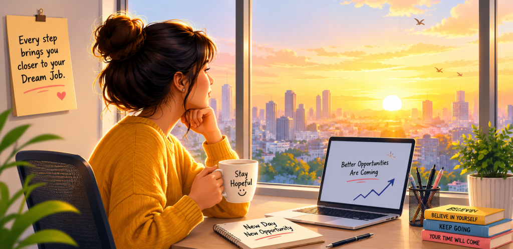 Stay Hopeful
Animated illustration of a job seeker sitting at a desk near a large window overlooking a city skyline at sunrise. Warm golden sunlight fills the room, creating a hopeful atmosphere. A laptop, coffee mug, books, notebook, and indoor plants are placed on the desk while birds fly across the bright morning sky, symbolizing optimism, perseverance, and new career opportunities.