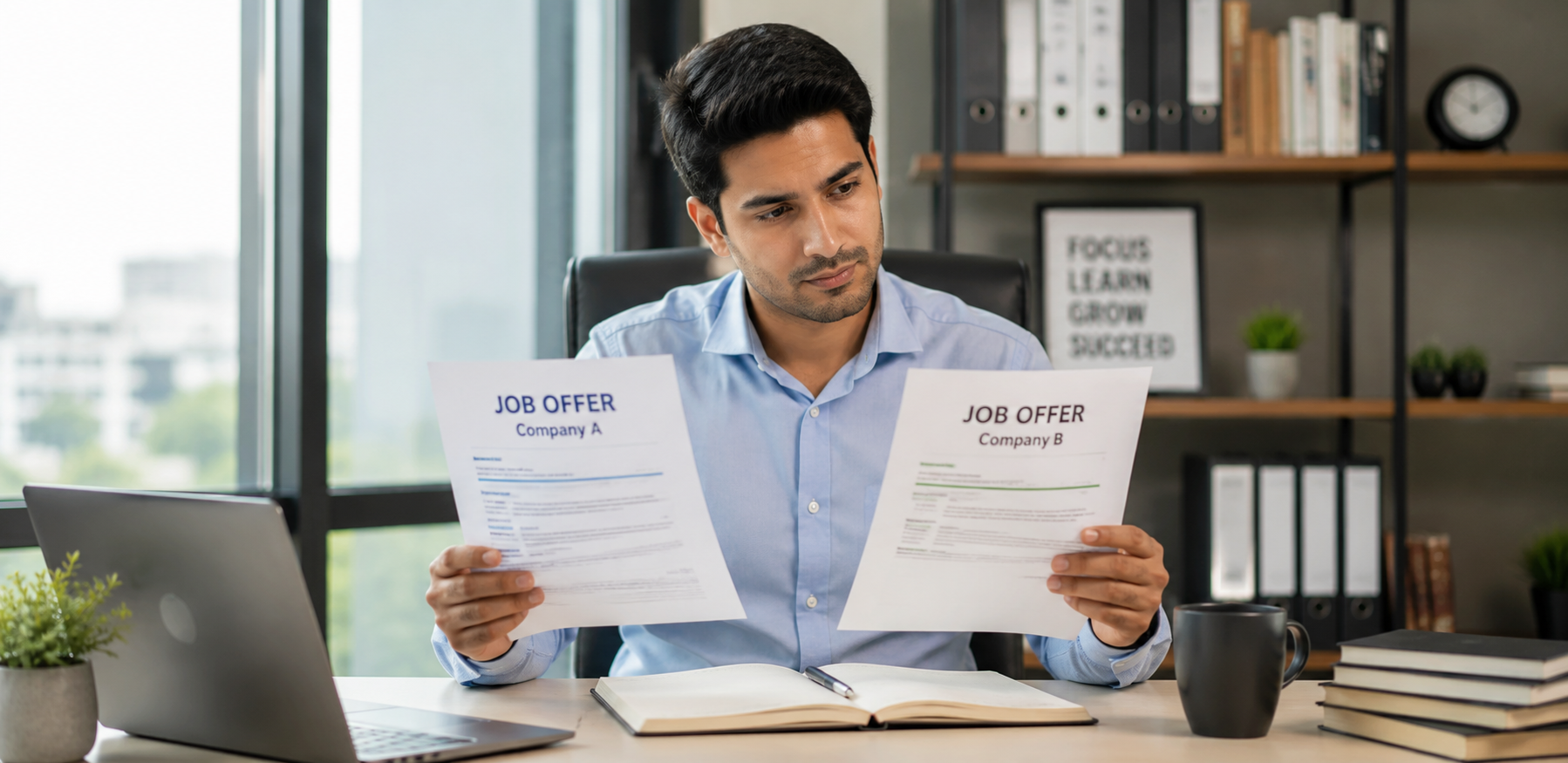 Pick the Right First Job
A professional sits in a modern office, carefully reviewing two job offer letters while comparing career opportunities. A notebook, coffee mug, books, and office shelves create a realistic workplace setting, highlighting the decision-making process involved in choosing between multiple job offers.