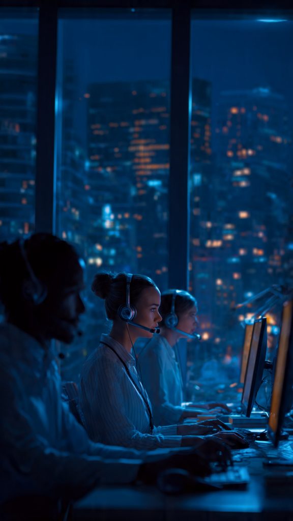 Night-Shift Roles
Three professionals wearing headsets work at their computers in a modern office during a night shift. Large windows reveal city lights outside, while the employees focus on their screens in a realistic remote support and customer service work environment.
