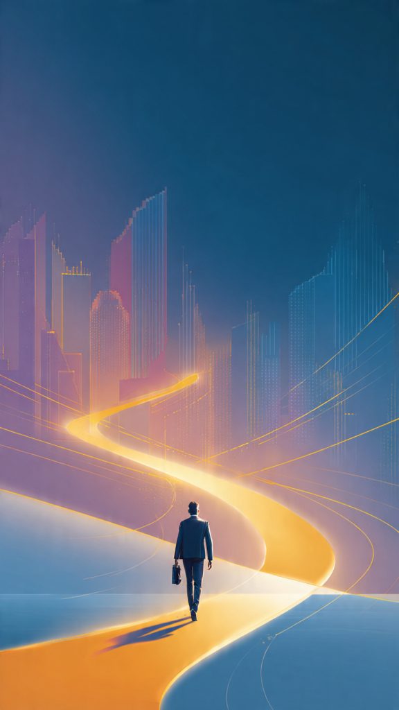 Long-Term Career Compounding
A cinematic, modern digital illustration showing the concept of long-term career compounding in a person’s 20s. A young individual walking forward on a glowing path that gradually transforms into multiple branching upward pathways, symbolizing growth and opportunity expansion. The path subtly evolves into abstract elements like rising graphs, interconnected nodes, and layered city skylines in the background representing career progress and increasing impact over time.
The foreground should feel grounded and simple, while the background becomes more expansive and luminous, showing acceleration and compounding growth. Use soft futuristic lighting, gradient blues and purples with warm golden highlights to symbolize ambition and progress.