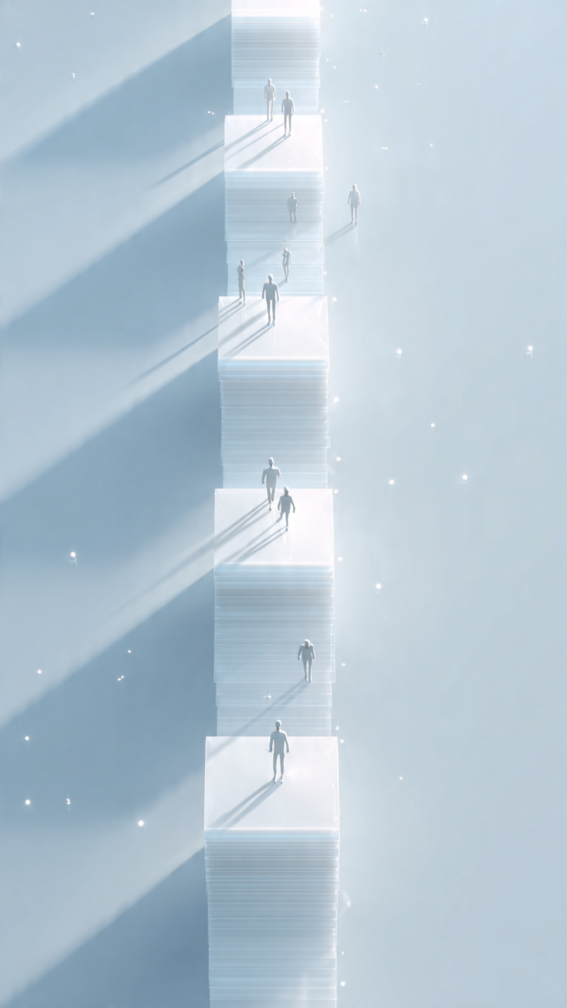 Design Simple Career Paths
A minimalist 3D illustration showing a straight and simple upward path like a clean bridge made of light blocks, symbolizing career progression. Small abstract human figures walk upward step by step. Background is a soft gradient corporate environment with subtle glow effects. Very clean, modern, and easy to understand visual storytelling. No text, no UI elements. 1600x778.