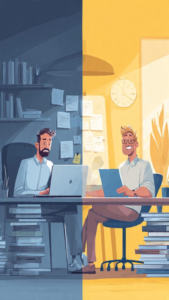 Career Tactics for Professionals in Their 30s
A split-screen image featuring two men in their early 30s. On the left side, a worried professional sits at a desk in a dark room, looking stressed while working on a laptop. Notes on the wall and stacked books symbolize comparison, self-doubt, overthinking, and feeling behind in life. On the right side, a confident professional sits in a bright, organized workspace, smiling while planning his goals. A whiteboard, notebook, and stacked books represent skill development, focus, discipline, consistency, and career growth. The image contrasts a mindset of feeling stuck with a mindset of taking action and moving forward.