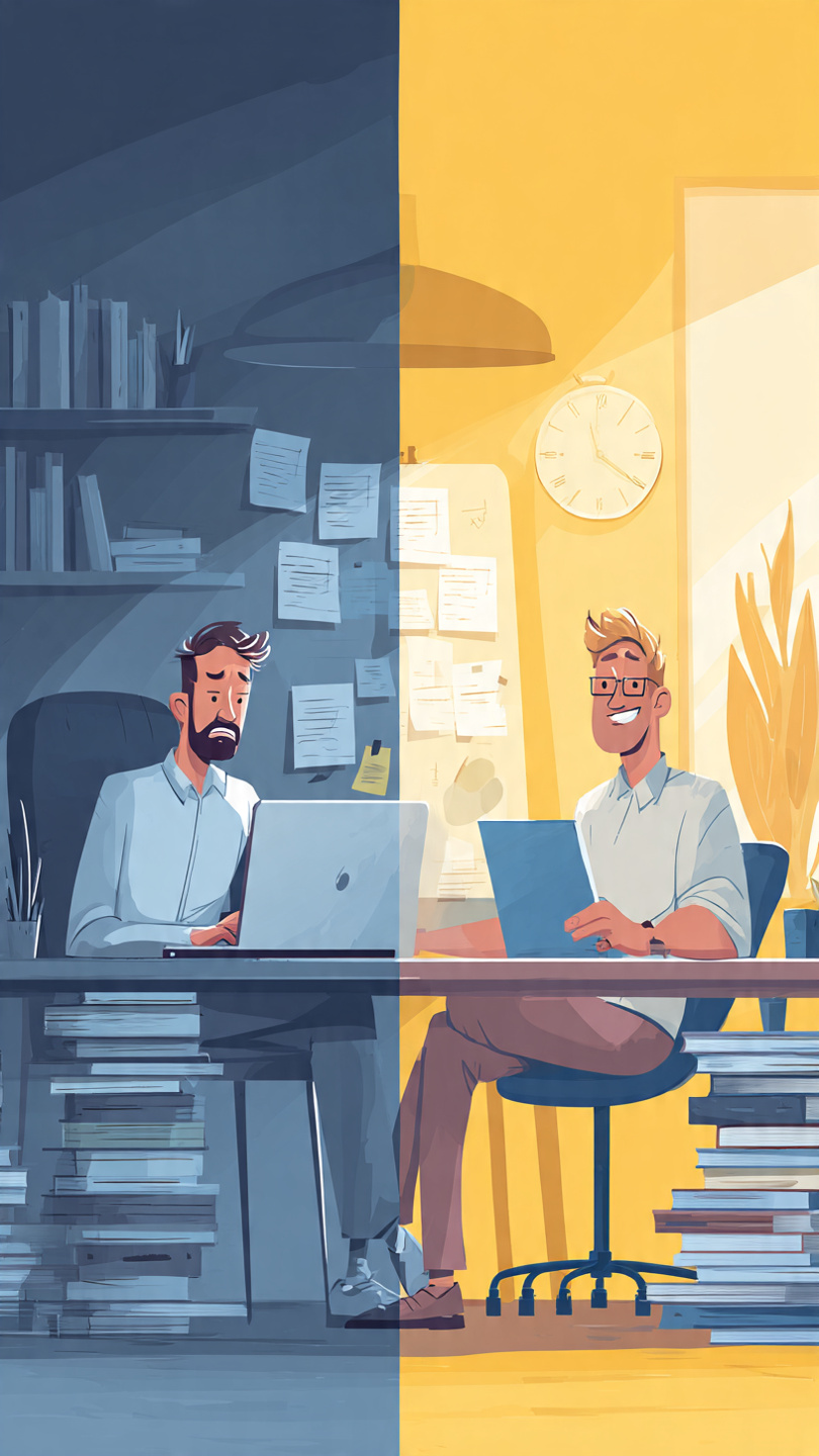 Career Tactics for Professionals in Their 30s
A split-screen image featuring two men in their early 30s. On the left side, a worried professional sits at a desk in a dark room, looking stressed while working on a laptop. Notes on the wall and stacked books symbolize comparison, self-doubt, overthinking, and feeling behind in life. On the right side, a confident professional sits in a bright, organized workspace, smiling while planning his goals. A whiteboard, notebook, and stacked books represent skill development, focus, discipline, consistency, and career growth. The image contrasts a mindset of feeling stuck with a mindset of taking action and moving forward.