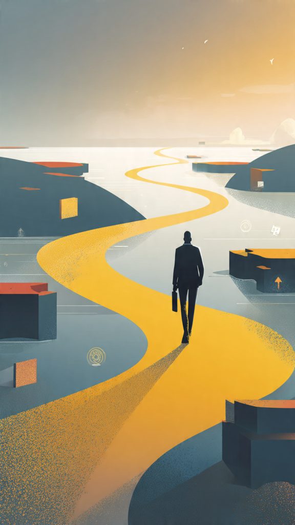 Build a Career
Alt text: A wide cinematic illustration showing a professional walking forward on a winding pathway that represents a career journey. The path has visible interruptions such as broken sections, storms, and detours, but these are being repaired or bridged, symbolizing recovery and resilience. The environment is calm and optimistic with soft lighting. Subtle floating icons like books, gears, and upward arrows represent skills, growth, and adaptability. The overall mood reflects determination and long-term progress despite challenges.