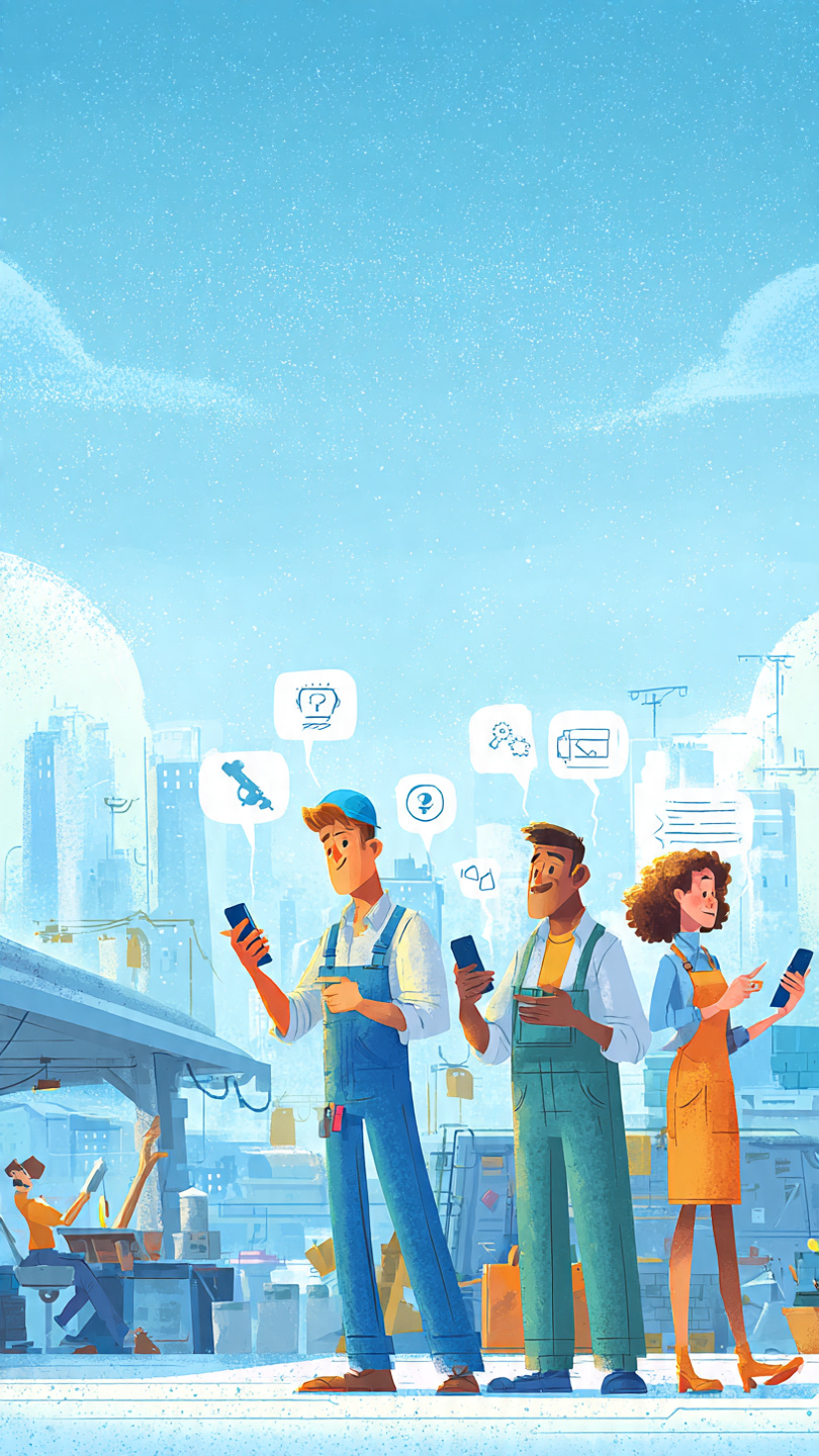 Blue-Collar and Grey-Collar Workers
A realistic modern illustration showing blue-collar and grey-collar workers using digital tools for career growth. A construction worker, mechanic, and technician are seen using smartphones and tablets, while standing in a semi-urban Indian environment. Floating digital icons like job search, learning, payment, and communication appear around them. The background shows a mix of workshop and city skyline. The mood is positive, hopeful, and future-focused. Cinematic lighting, high detail, ultra realistic style, professional composition, wide banner layout.