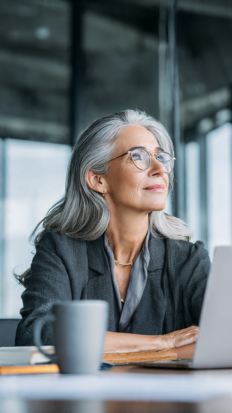 Senior-Level Interviews
A professional businesswoman with gray hair and glasses sits at a desk in a modern office, thoughtfully preparing for a senior-level interview. A laptop, notebook, and coffee mug are placed on the desk, while large windows and a clean corporate workspace create a leadership-focused and professional atmosphere.
