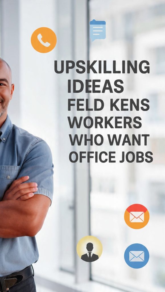 Upskilling Ideas for Field Workers
A professional banner showing a confident field worker standing with folded arms against a clean, modern office-style background. Large bold text reads “Upskilling Ideas for Field Workers Who Want Office Jobs.” Colorful icons representing communication, documents, technology, teamwork, email, and career growth surround the title, highlighting skill development and career transition opportunities