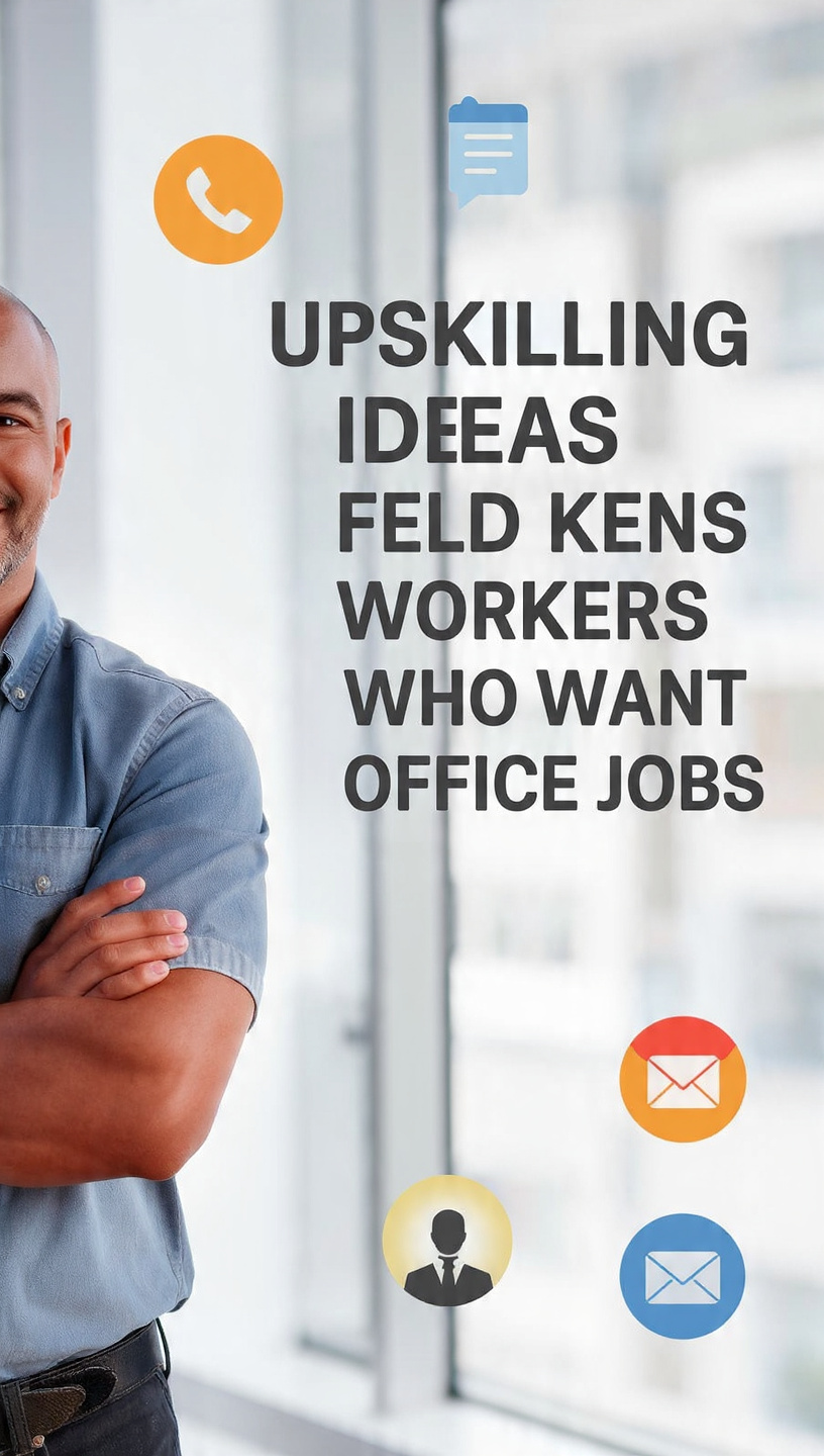 Upskilling Ideas for Field Workers
A professional banner showing a confident field worker standing with folded arms against a clean, modern office-style background. Large bold text reads “Upskilling Ideas for Field Workers Who Want Office Jobs.” Colorful icons representing communication, documents, technology, teamwork, email, and career growth surround the title, highlighting skill development and career transition opportunities