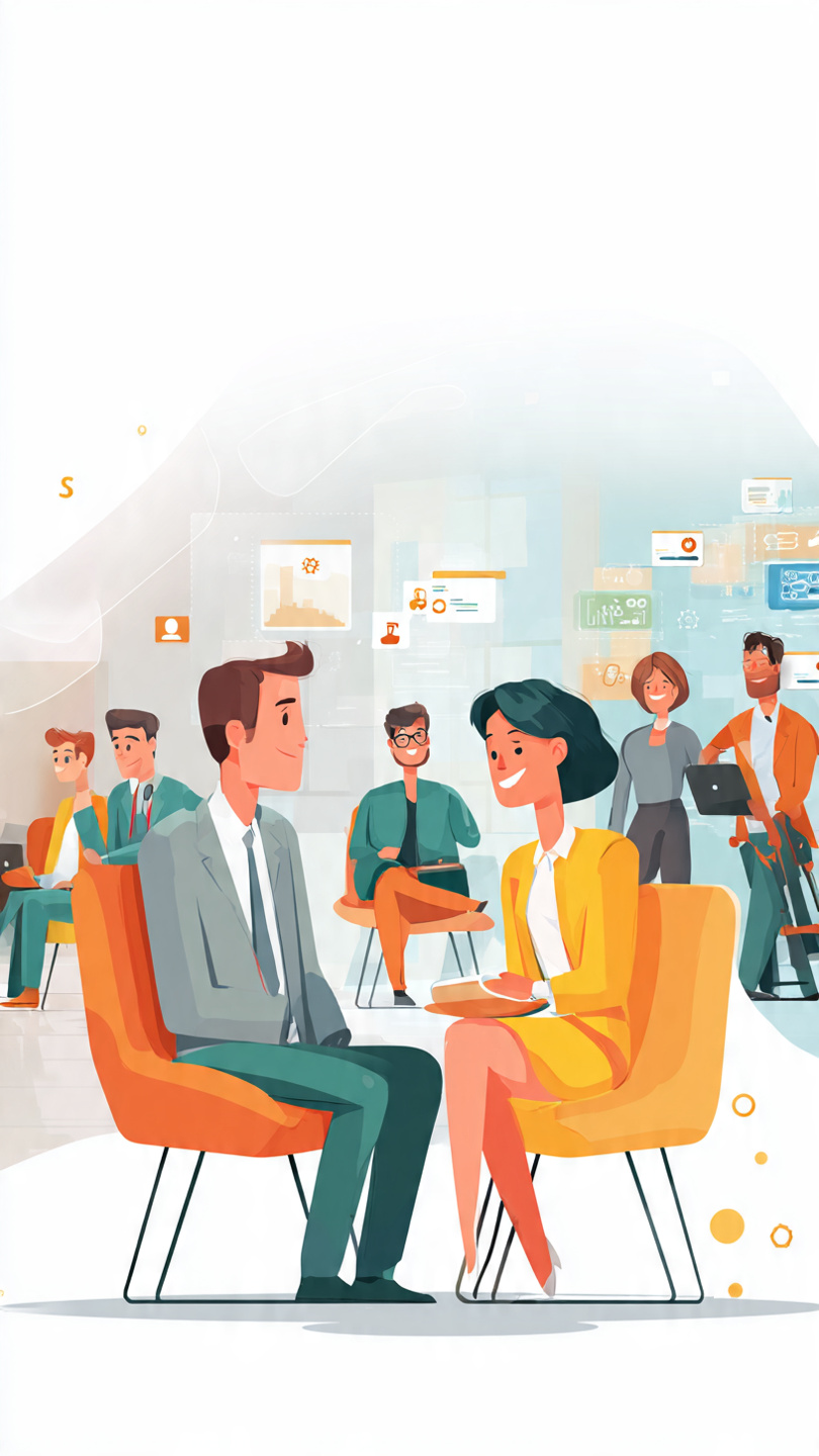 Recruiters Can Use AI Ethically
Animated illustration showing a recruiter and a job candidate having a professional face-to-face conversation while an AI interface assists in the background with candidate matching and data analysis. The scene highlights the balance between technology and human interaction in recruitment. Modern office environment with friendly expressions, digital AI elements, diverse hiring symbols, and a professional, ethical recruitment theme. No laptops, desks, text tips, or instructional elements visible. Image size: 1600 × 778 pixels.