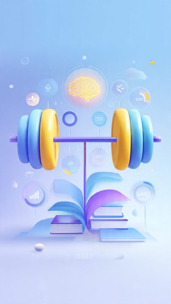 The Skill Barbell Strategy
“Create a modern, professional digital illustration representing the ‘Skill Barbell Strategy’. Show a large barbell in the center, but instead of weights, one side represents deep expertise (glowing focused icon like a brain, code, pen, or book stacked deeply), and the other side represents broad knowledge (multiple diverse icons like design, marketing, coding, communication, analytics). The center rod of the barbell connects both sides and symbolizes balance and adaptability. Background should be clean, minimal, and futuristic with soft gradients (blue, purple, and white tones). Add subtle upward growth elements like arrows or light beams to represent career growth. Style should be semi-flat, modern infographic with slight 3D depth, suitable for a blog banner. High resolution, 1600x778 ratio.”