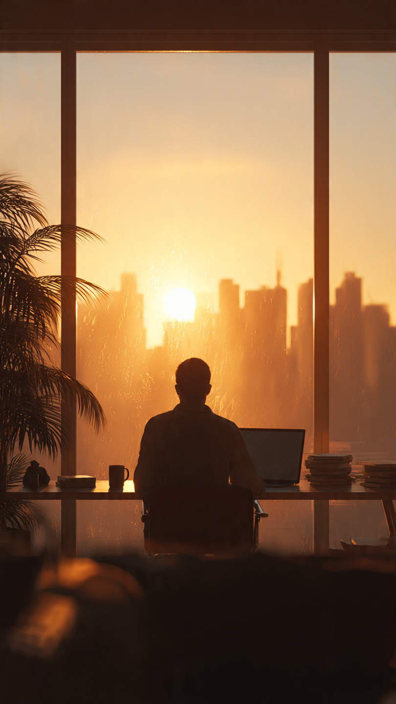 Stay Hopeful
A hopeful job seeker sits at a desk facing a large window as the sun rises over a city skyline. Warm golden light fills the room, creating a calm and optimistic atmosphere. A laptop, coffee mug, notebook, and indoor plant rest on the desk, symbolizing persistence and new opportunities during a job search journey.