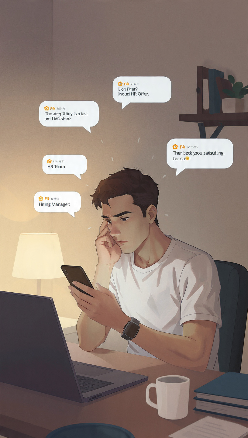 Evaluate Whether a Role Is Truly “Urgent”
create image A digital illustration of a young man sitting at a desk in a modern home office, looking thoughtfully at his smartphone. Around him float multiple job-related message bubbles and notifications such as “Job Offer,” “HR Team,” “Hiring Manager,” and “Urgent Hiring,” representing competing employment opportunities. The scene conveys decision-making pressure and urgency, with a laptop, books, and soft ambient lighting in the background.