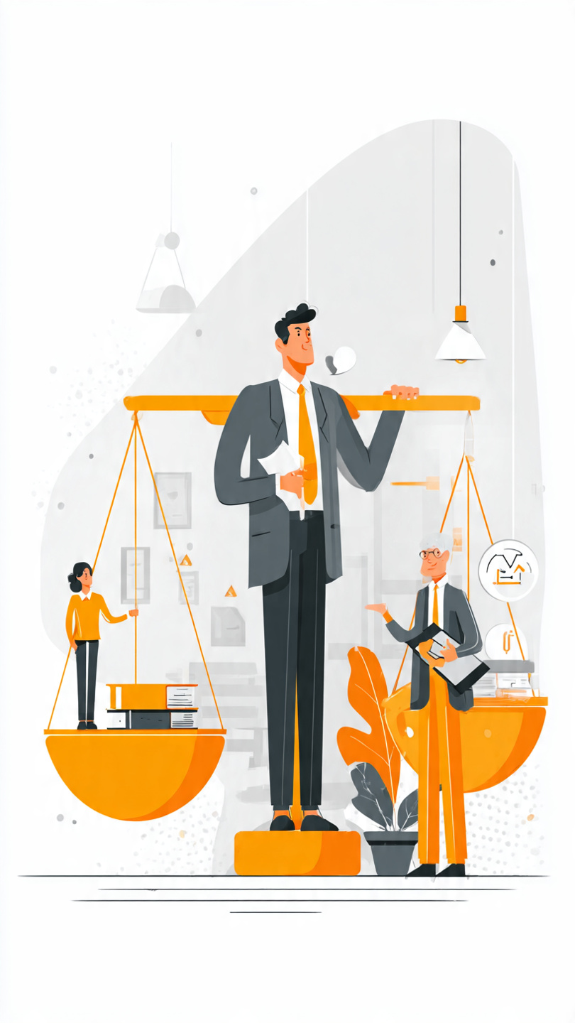 Hire for Potential
create image Animated corporate recruitment illustration. A large recruiter standing at the center holding a giant balance scale (tarazu). The recruiter is significantly larger than the other characters, symbolizing the hiring decision-maker. On the left side of the scale stands one potential candidate, a young professional with a confident posture, growth-oriented appearance, and subtle visual cues of learning, adaptability, and future potential. On the right side stands one experienced candidate, a seasoned professional carrying a portfolio and representing years of work experience. The recruiter thoughtfully compares both candidates while looking at the scale. Modern office environment in the background, clean and professional corporate setting, vibrant animated style, high-quality digital artwork, detailed characters, balanced composition, career hiring and talent acquisition theme, wide banner format, no text, no captions, no labels, no watermarks.