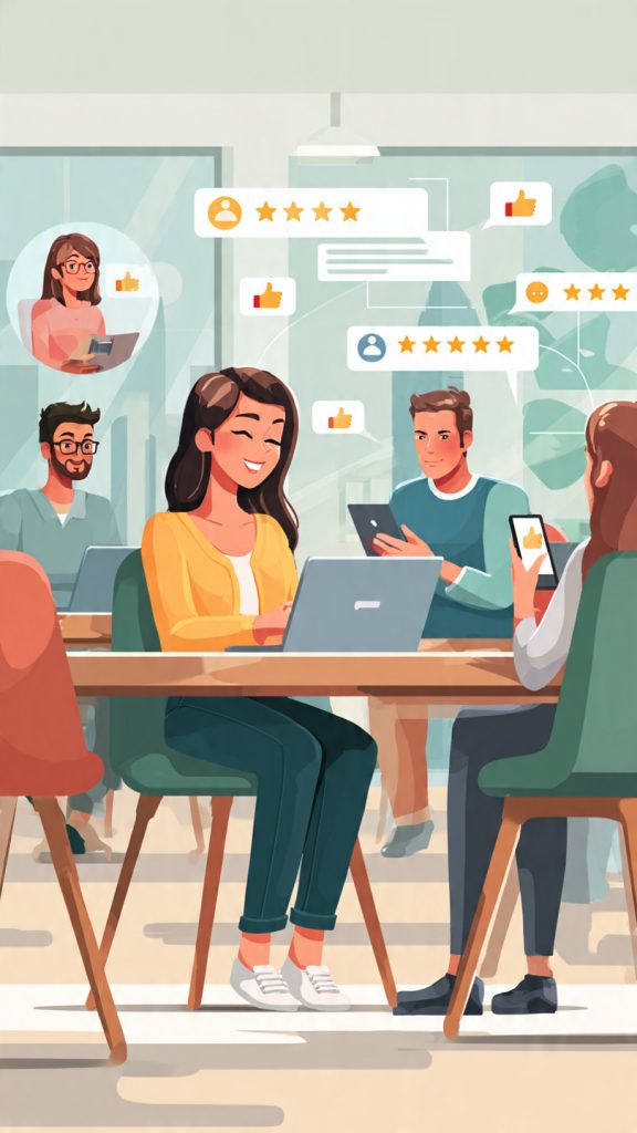 Create a Candidate Experience
create image Create a high-quality professional banner illustration (1600×778 px) showing an outstanding candidate experience that generates positive online buzz. Feature a happy job candidate at the center receiving a job offer on a laptop while smiling. On one side, a recruiter communicates professionally through video calls, emails, and interview discussions. On the other side, candidates are sharing positive reviews and recommendations on social media using smartphones and laptops. Include visual symbols such as thumbs-up icons, five-star ratings, positive comments, chat notifications, and networking connections floating subtly around the scene. The environment should be modern, bright, and welcoming, with a contemporary office setting and clean design. Emphasize transparency, communication, respect, and a smooth hiring journey through visual storytelling. Realistic digital illustration style with slight animation-inspired polish, vibrant yet professional colors, wide composition, depth and detail, no text, no labels, no watermarks, perfect for a blog header about candidate experience and employer branding.