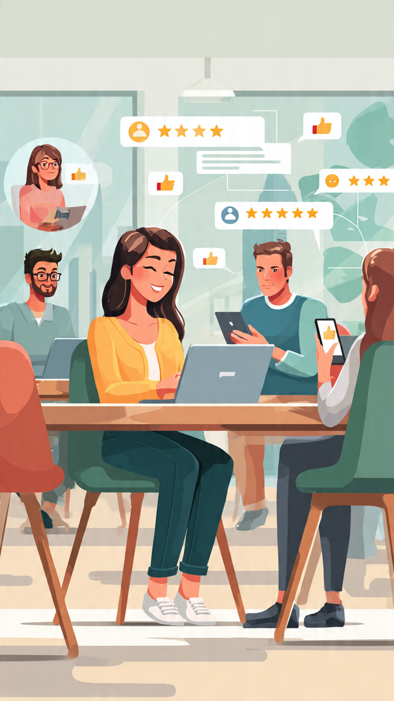 Create a Candidate Experience
create image Create a high-quality professional banner illustration (1600×778 px) showing an outstanding candidate experience that generates positive online buzz. Feature a happy job candidate at the center receiving a job offer on a laptop while smiling. On one side, a recruiter communicates professionally through video calls, emails, and interview discussions. On the other side, candidates are sharing positive reviews and recommendations on social media using smartphones and laptops. Include visual symbols such as thumbs-up icons, five-star ratings, positive comments, chat notifications, and networking connections floating subtly around the scene. The environment should be modern, bright, and welcoming, with a contemporary office setting and clean design. Emphasize transparency, communication, respect, and a smooth hiring journey through visual storytelling. Realistic digital illustration style with slight animation-inspired polish, vibrant yet professional colors, wide composition, depth and detail, no text, no labels, no watermarks, perfect for a blog header about candidate experience and employer branding.