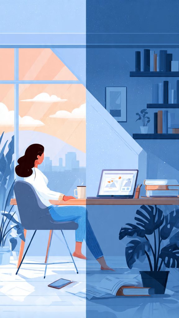 Turn Your Weekends Into a Career Growth Engine
create image A modern flat illustration showing a young professional sitting at a desk on a weekend morning with a calm, productive vibe. On one side of the desk is a laptop displaying learning, writing, and project work icons. On the other side, a window shows a relaxed weekend environment. The scene is split visually: one side shows “relaxation,” the other shows “skill building and growth.” Subtle elements like calendar pages turning into “career growth,” books, coffee, and digital devices. Clean, minimal, inspiring workspace, soft lighting, professional aesthetic, high detail, 16:9 composition.